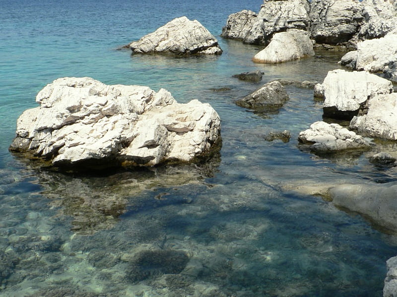 Coast Rocks, clearly water, beach, rocks, water, stones, aqua, coast, sea, HD wallpaper