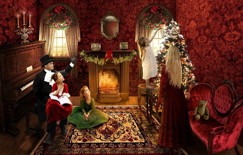 Victorian Christmas, holidays, paintings, moments, bonito, girls, HD wallpaper
