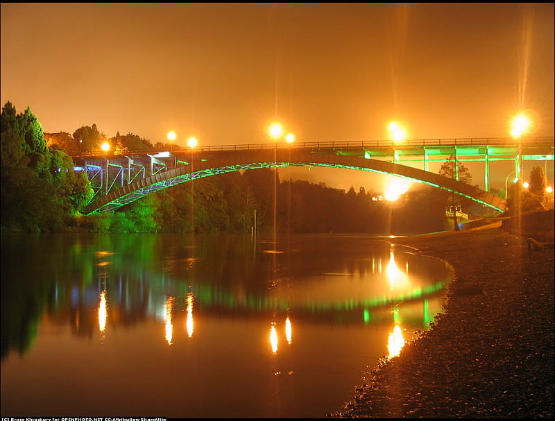 Bridge, water, arhitecture, orange, bridges, nights, places, reflection, lights, HD wallpaper