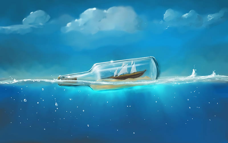 boat in bottle sea, waves, underwater world, bottle in sea, 3D art, creative, bottle, HD wallpaper