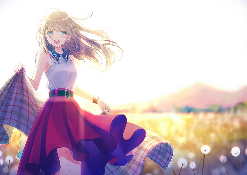 anime girl, smiling, brown hair, plants, Anime, HD wallpaper