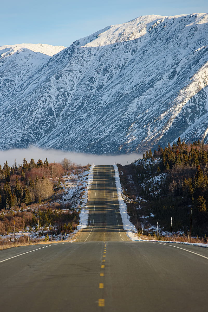 road, fog, mountains, snow, snowy, HD phone wallpaper