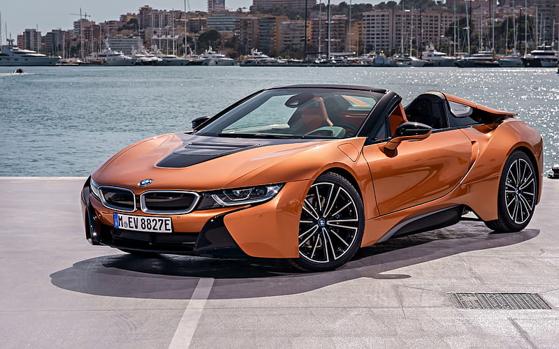 BMW i8 Roadster, 2018, front view, electric car, cabriolet, roadster, new bronze i8, German sports electric cars, BMW, HD wallpaper