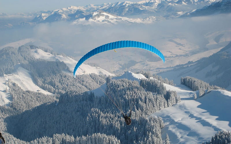 Paragliding over Valley, forest, vallet, mountains, paraglider, winter, HD wallpaper