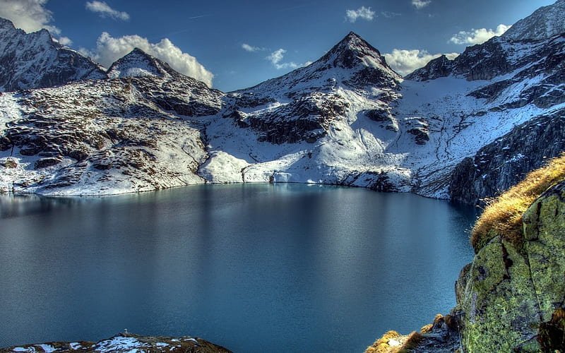 mountain landscape, winter, mountain lake, blue sky, snow, HD wallpaper