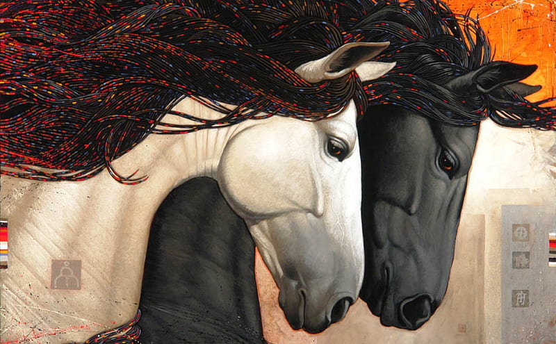 alabaster and odonx, art, amazing, black, great, white, horses, HD wallpaper