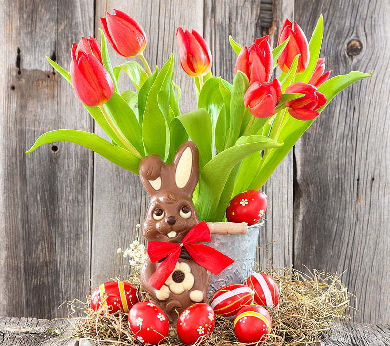Easter Celebration, bunny tulips, celebration, decor, decoration, egg, red, HD wallpaper