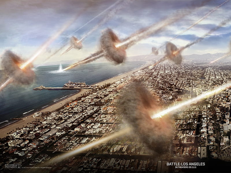 battle : los angeles, missiles, city, explosions, blue sky, clouds, sea, HD wallpaper