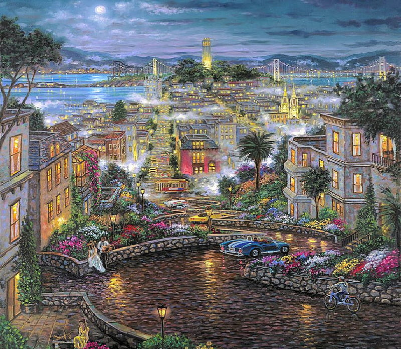 Moonlight Over Lombard - Robert Finale, houses, san francisco, artwork, lights, bridge, car, painting, bay, street, HD wallpaper