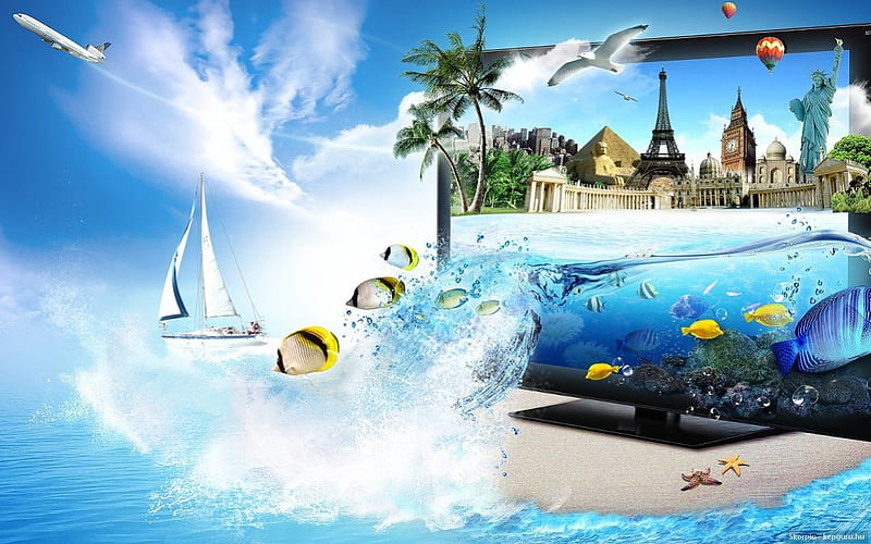 IS THIS LIVE TV?, overflow, fishes, cg, ocean, birds, hot air balloons, television, technology, boats, fantasy, 3d, water, gulls, HD wallpaper