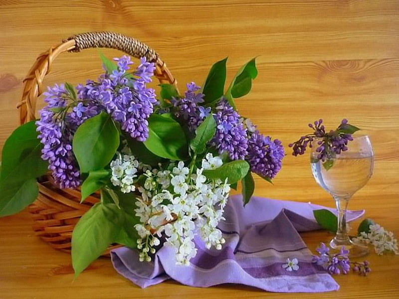 Still Life, glass, basket, flowers, lilacs, HD wallpaper