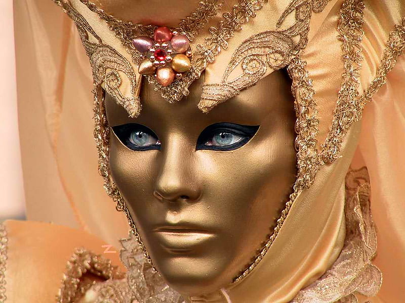 Golden Mask, mask, blue eyes, golden, venetian, HD wallpaper
