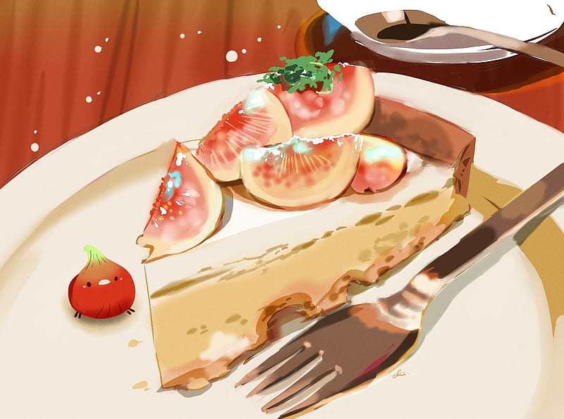 anime dessert, cake, strawberry, slice, Anime, HD wallpaper