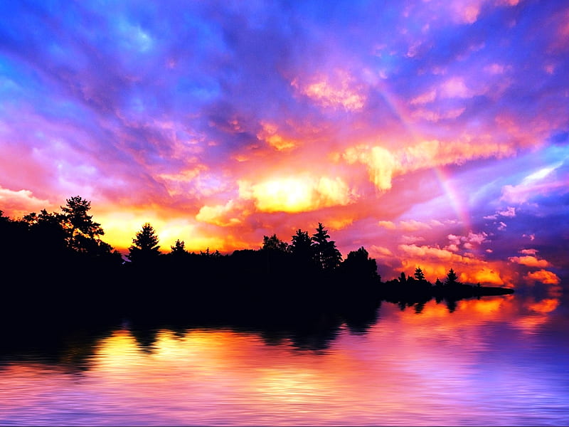 Rainbow Sunset, water, rainbow, sunset, trees, sky, lake, blue, HD wallpaper