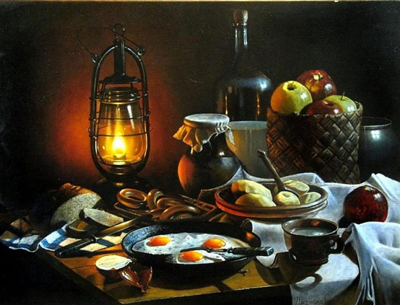 Still Life, sausages, lamp, fruits, apples, eggs, foodstuff, HD wallpaper