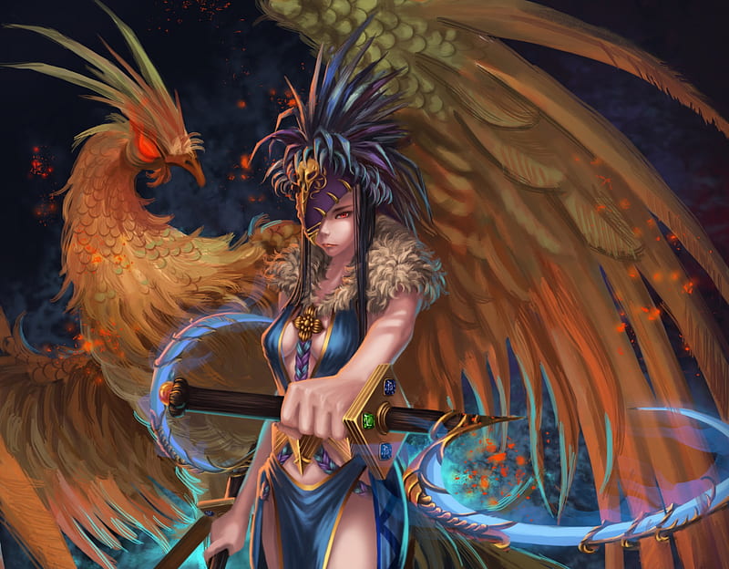 Chinese Zodiac ~ Rooster, rooster, wings, fantasy, girl, chinese zodiac, phoenix, feather, ray lei, HD wallpaper