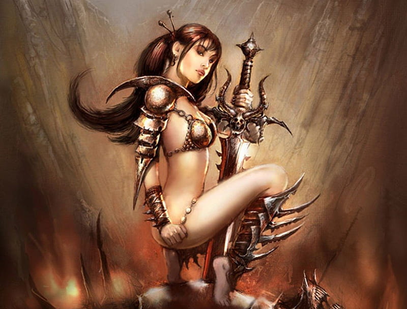 Conney the Barbarian, female, brown hair, fantasy, warrior, girl, blade, weapon, long hair, sword, armour, brown background, HD wallpaper