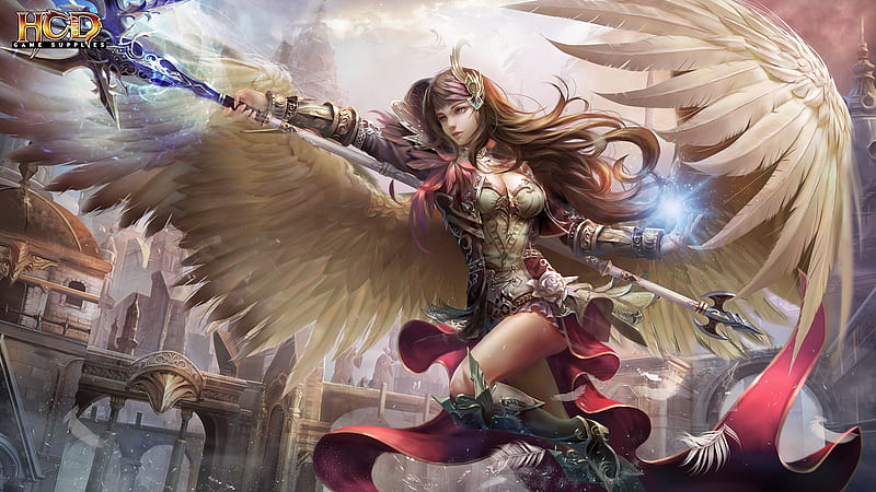 Angel, frumusete, wings, luminos, game, fantasy, warrior, girl, HCD, feather, HD wallpaper