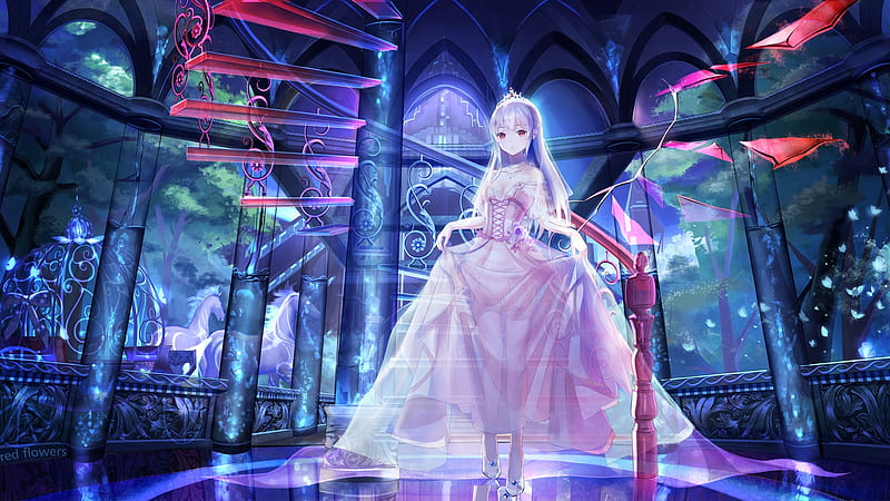 Princess, dress, scenic, bonito, adorable, sublime, sweet, staircase, red syes, stair, high heels, anime, hot, beauty, anime girl, reflection, tiara, scenery, long hair, gorgeous, night, female, lovely, sexy, heels, kawaii, girl, crown, flower, petals, scene, maiden, HD wallpaper