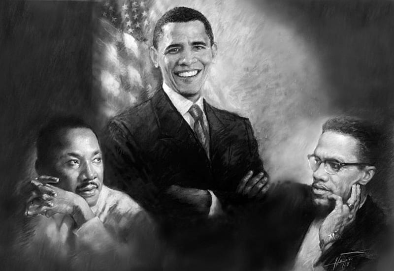 Tree great men, Martin Luther King, black, president, dom, men, hero, america, Barack Obama, Malcolm X, HD wallpaper