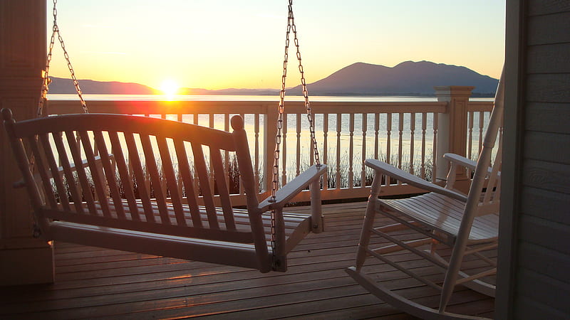 Beautiful Morning, tranquil, swing, porch, rocking chair, bonito, morning, HD wallpaper