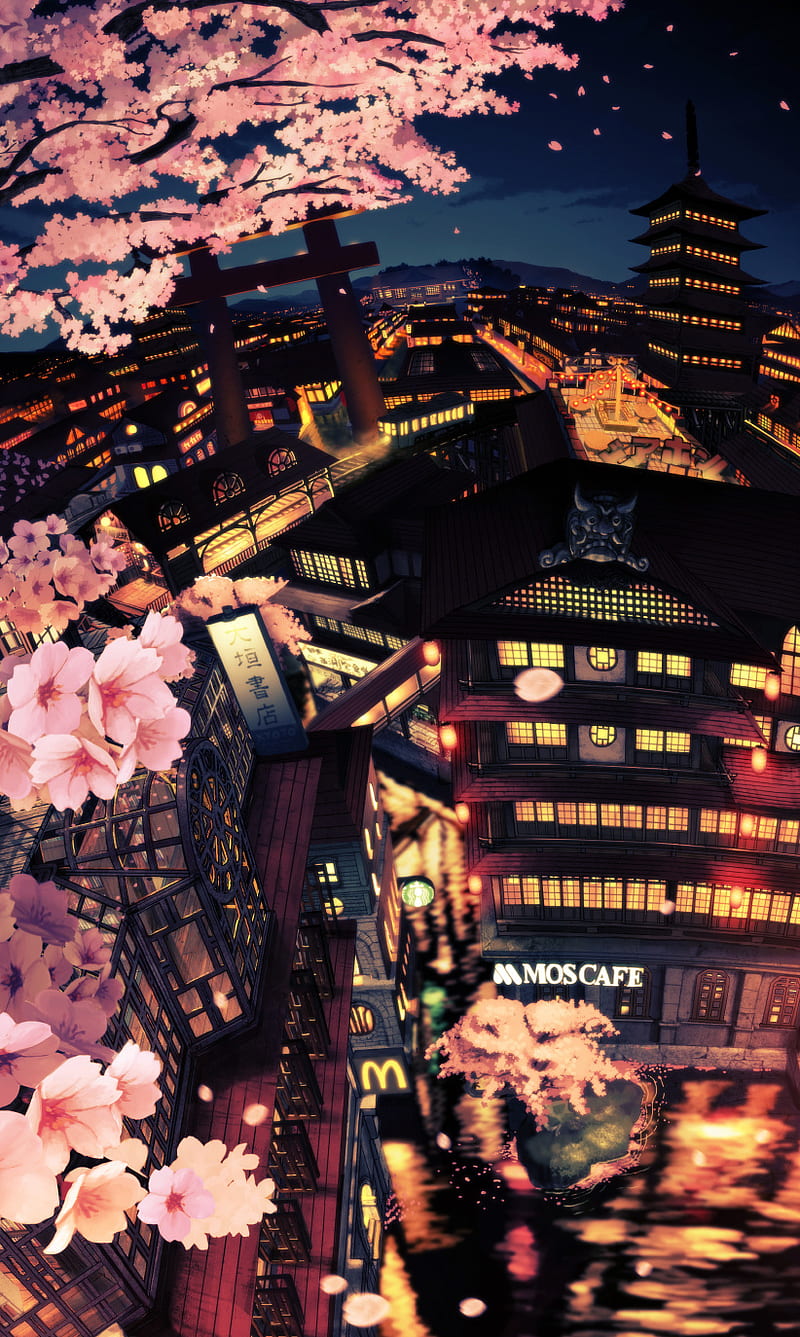 Sakura city, city, drawn, japan, manga, sakura, HD phone wallpaper