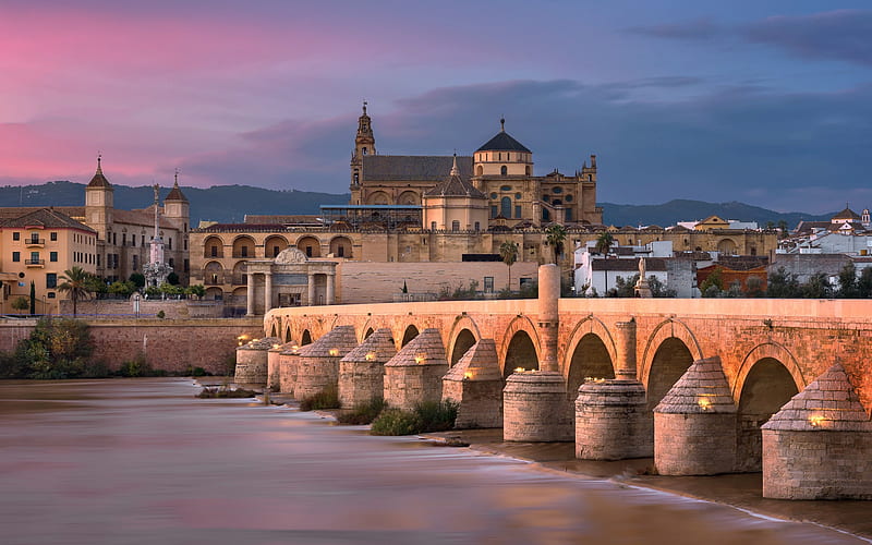 Cordoba, river, Roman bridge, spanish landmarks, Europe, Spain, HD wallpaper
