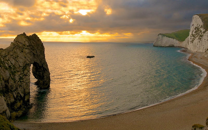 Dorset Coastline at Sunset, England, beach, Dorset, Sunset, England, HD wallpaper