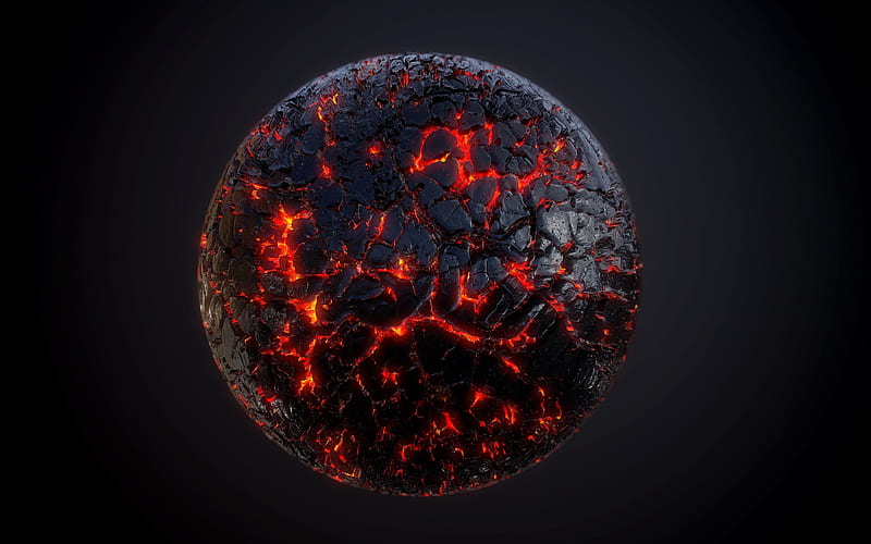lava planet fire planet, darkness, 3D planet, galaxy, black background, 3D art, artwork, planets, HD wallpaper