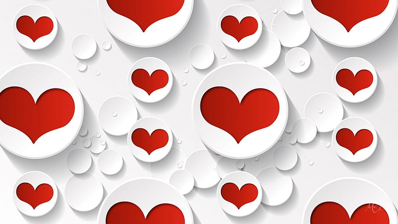 Circles of Hearts, red and white, Valentines Day, 3D, cut outs, circles, paper, corazones, abstract, HD wallpaper