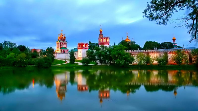 ornate orthodox monastery r, orthodox, domes, r, reflection, palace, lake, monastery, HD wallpaper