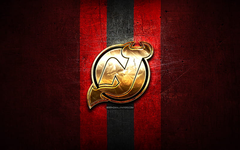 New Jersey Devils, golden logo, NHL, red metal background, american hockey team, National Hockey League, New Jersey Devils logo, hockey, USA, HD wallpaper