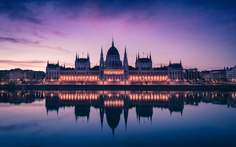 Hungarian Parliament Building, Budapest, evening, sunset, cityscape, Danube River, landmark, Hungary, Parliament of Budapest, HD wallpaper