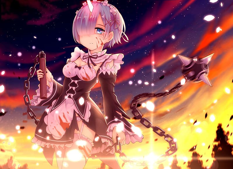 Anime, Night, Weapon, Horns, Chain, Blue Eyes, Maid, Blue Hair, Short Hair, Re:zero Starting Life In Another World, Rem (Re:zero), HD wallpaper