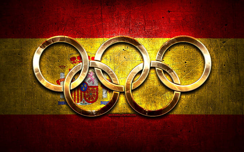 Spanish olympic team, golden olympic rings, Spain at the Olympics, creative, Spanish flag, metal background, Spain Olympic Team, flag of Spain, HD wallpaper