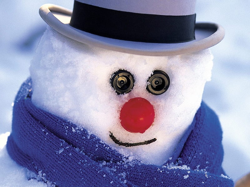 Snowman, buttons, nose, christmas, bonito, hat, ball, nice, snow, scarf, white, eyes, blue, HD wallpaper