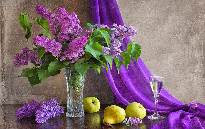 Lilacs, pears and wine, painted, still life, flowers, lilacs, HD