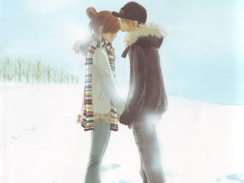 Winter Kiss, love you, pretty, manga, kiss, winter, sweet, cute, boy, nice, girl, anime, love, snoww, HD wallpaper