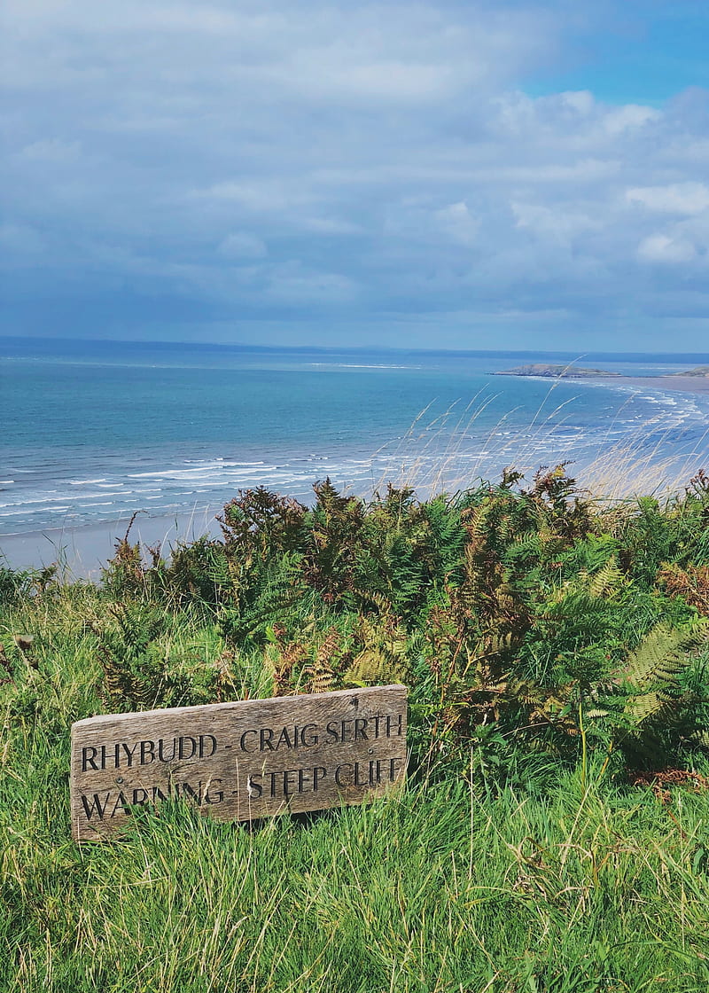 coast, sea, grass, signpost, landscape, HD phone wallpaper