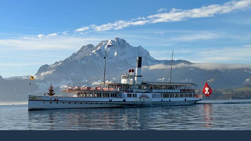 Paddle steamer Lake Lucerne, Switzerland, two main decks, full five star quality dining, main deck, tree at the bow, top deck, ferry, gorgeous food, close to xmas, passenger observation, HD wallpaper