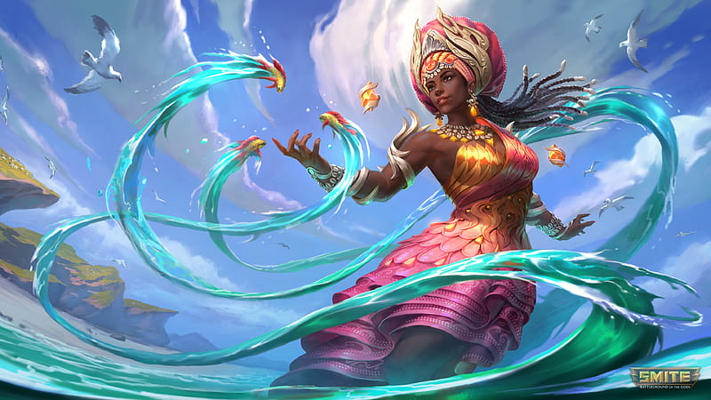 Yemoja, smite, game, summer, blue, orange, vara, water, fantasy, girl, pink, HD wallpaper