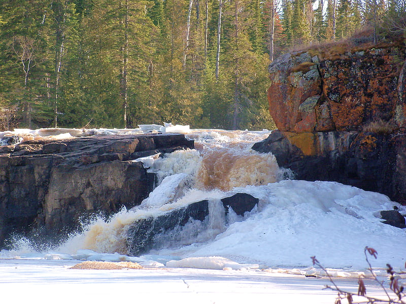 Spring thaw on the river, rocks, ice, river, waterfalls, HD wallpaper