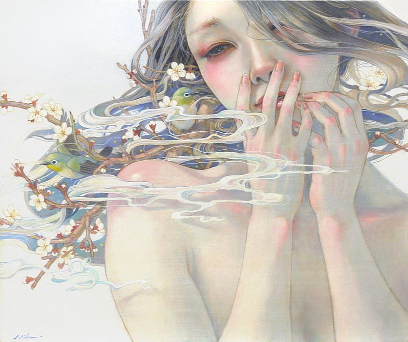 Spring, painting, breeze, art, pictura, face, girl, chalk, miho hirano, HD wallpaper