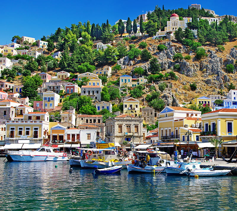 Greece, aegean sea, boats, coast, house, symi island, HD wallpaper