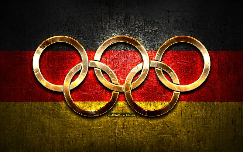 German olympic team, golden olympic rings, Germany at the Olympics, creative, German flag, metal background, Germany Olympic Team, flag of Germany, HD wallpaper