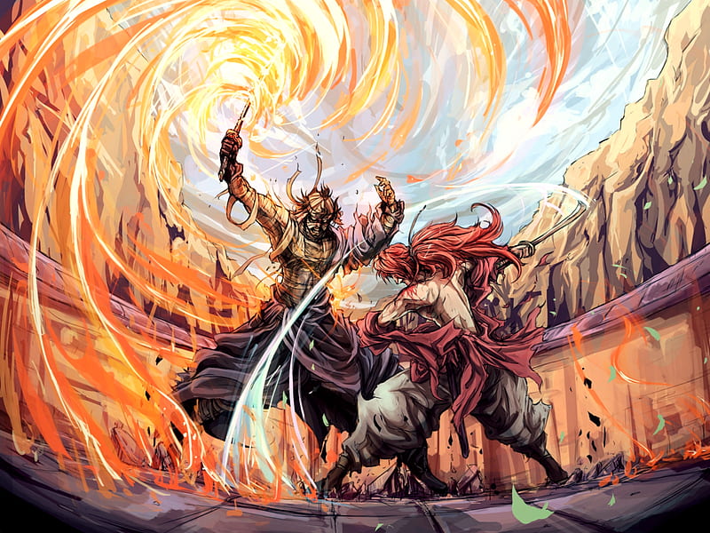 Shishio Makoto vs Himura Kenshin, fight, fire, epic, samurai, HD wallpaper