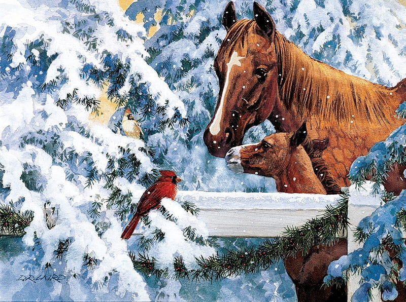 fence Top Friends, snow, horse, bird, painting, foal, winter, HD wallpaper