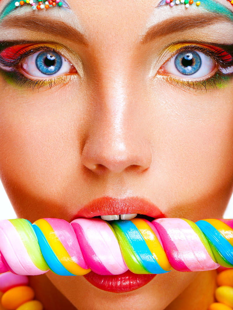 face, blue eyes, Candy Cane, colorful, HD phone wallpaper