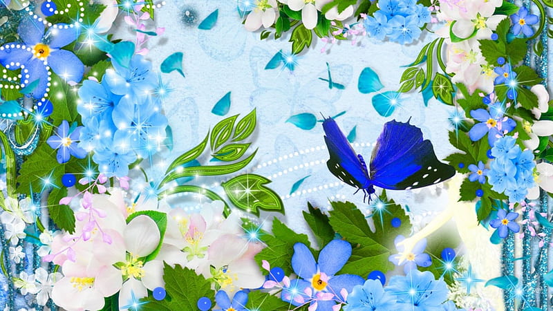 Flowers and Butterflies Blue, flowers, lustre, flash, lights, sparkle, glint, butterfly, scintillate, flowers, leaaves, glisten, radiate, flare, spangle, abstract, glimmer, flora, luster, glow, twinkle, shine, winkle, shimmer, papillon, blue, glitter, spring, glister, summer, petals, wink, gleam, shiny, HD wallpaper