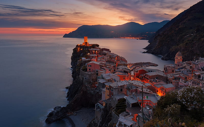 Vernazza, Italy, twilight, sea, Italy, Vernazza, HD wallpaper